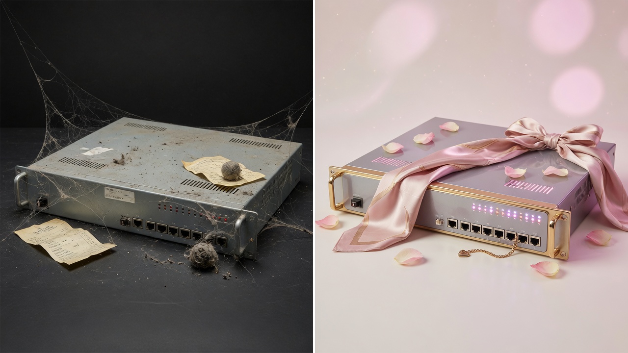 Before: dusty neglected firewall. After: glamorous polished firewall with silk scarf and rose petals.