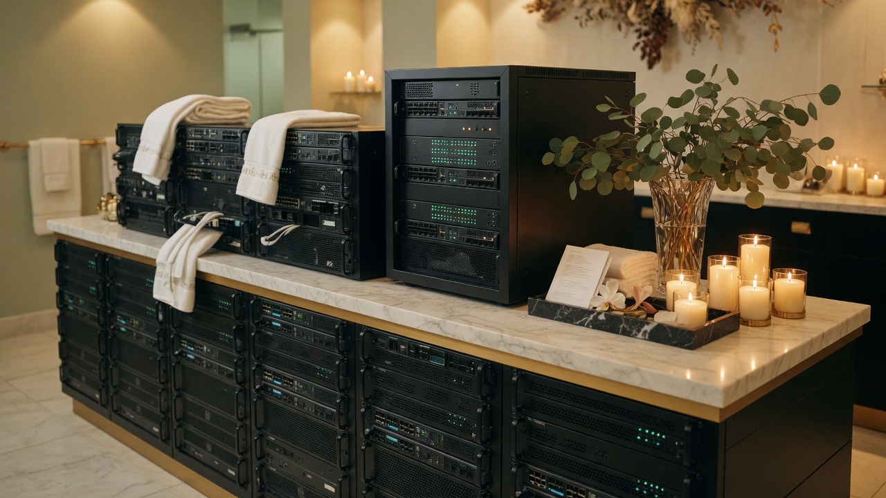 Luxury spa reception desk built from black network equipment with towels, candles, and eucalyptus