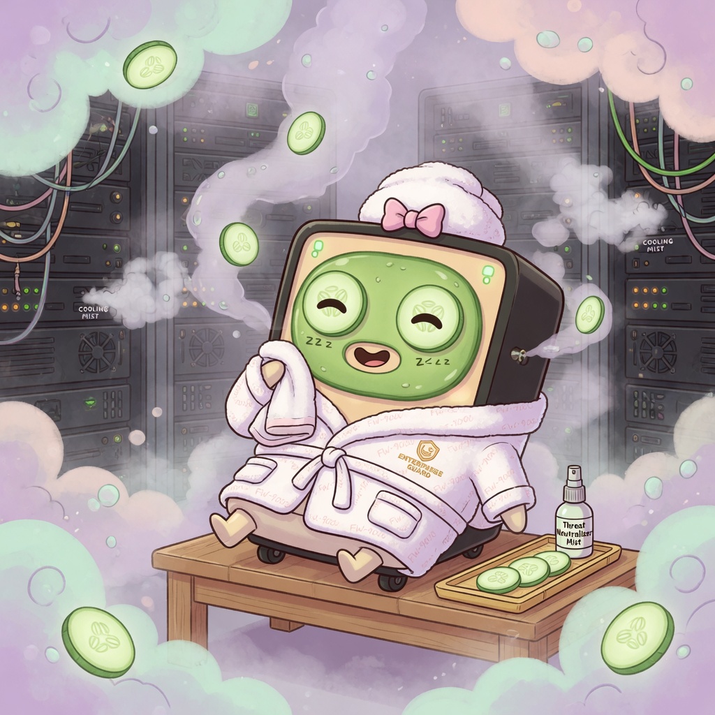 A cartoon enterprise firewall relaxing in a spa
